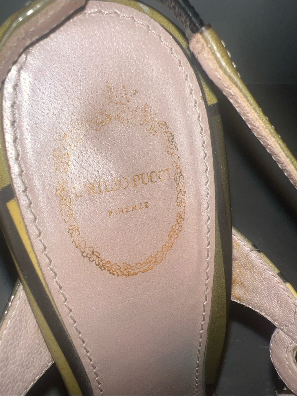 EMILIO PUCCI  Strappy Patent Leather Sandals in Olive & Yellow - Picture 2 of 14
